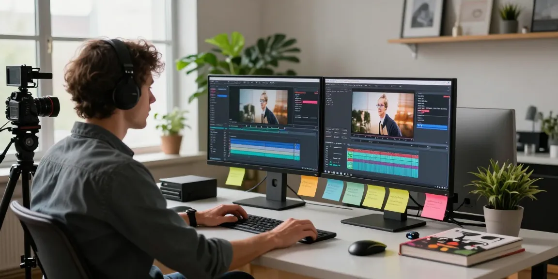Learn video editing and motion graphics in a vibrant editing studio filled with creativity and high-end equipment.