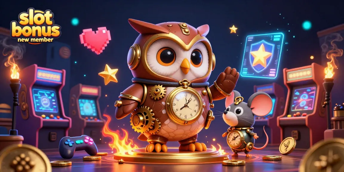 Spin big wins with our vibrant slot bonus new member illustration featuring a time-traveler owl.