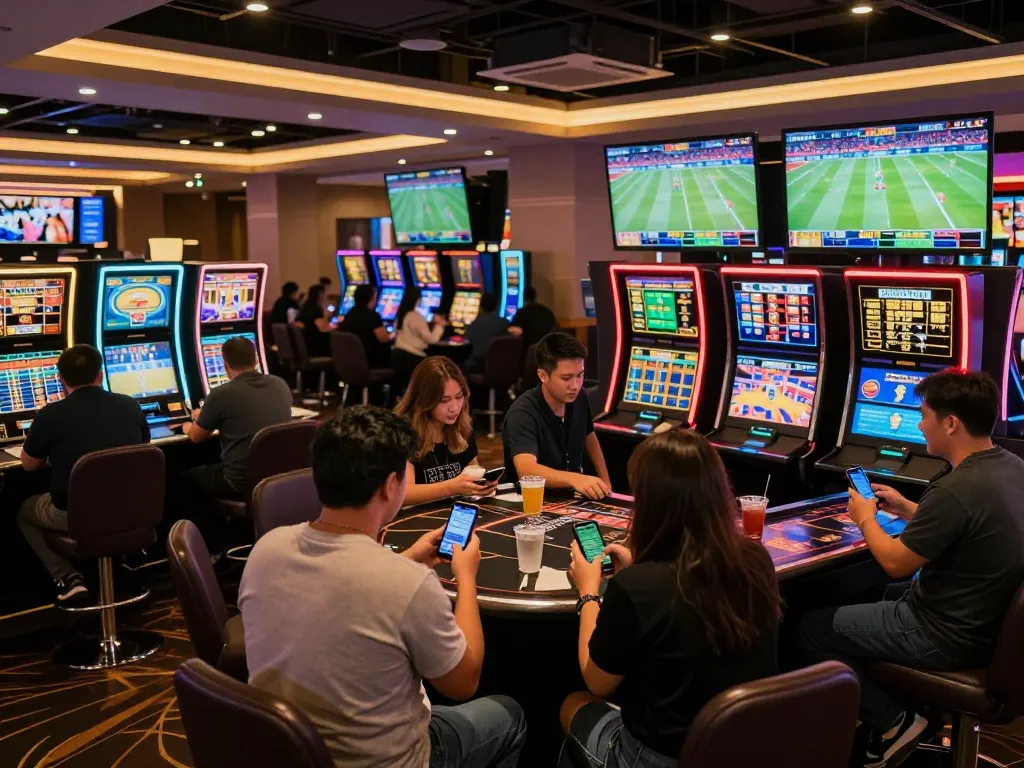 Engaged bettors analyzing odds on 388bet during an exciting sports event at a lively casino