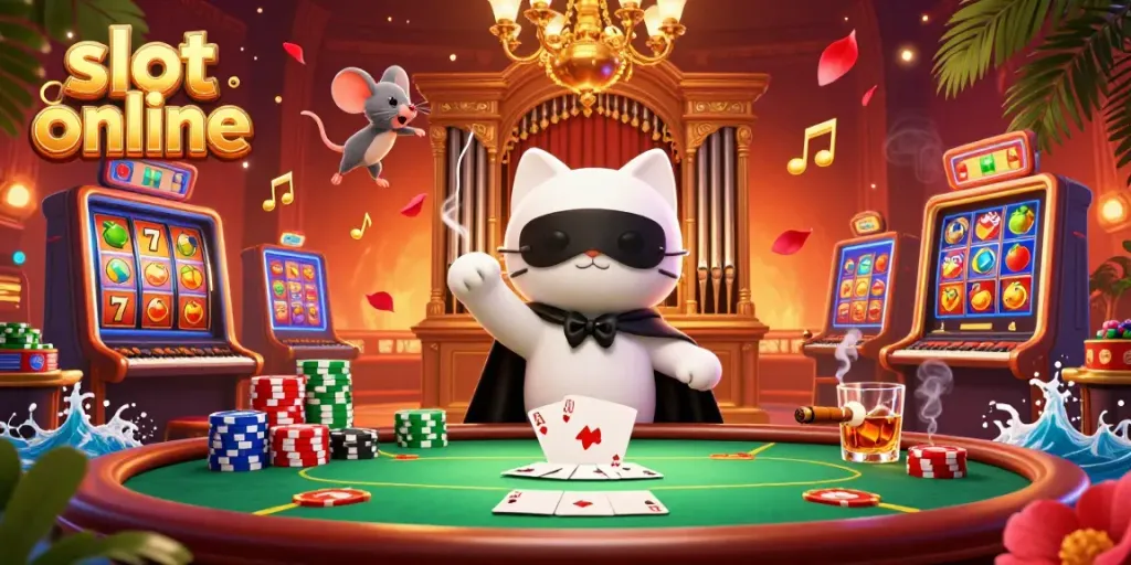 Play slot online with excitement as the whimsical phantom cat performs amidst vibrant casino elements.