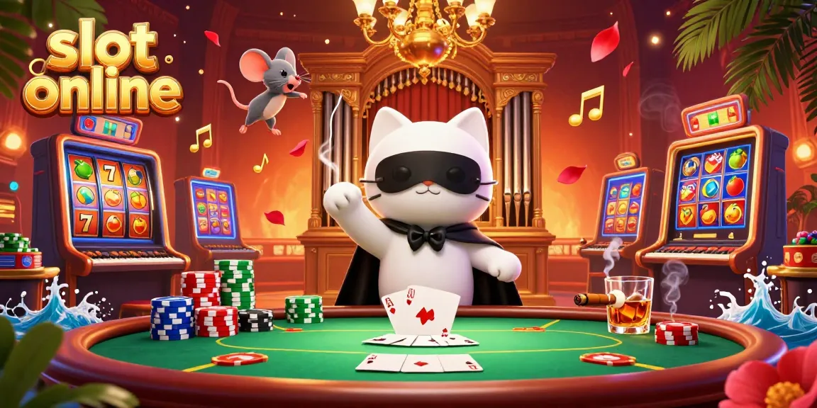 Play slot online with excitement as the whimsical phantom cat performs amidst vibrant casino elements.