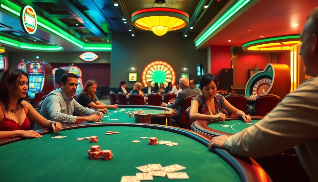 Barudak78 menampilkan suasana kasino yang cerah dengan pemain yang antusias di meja poker.