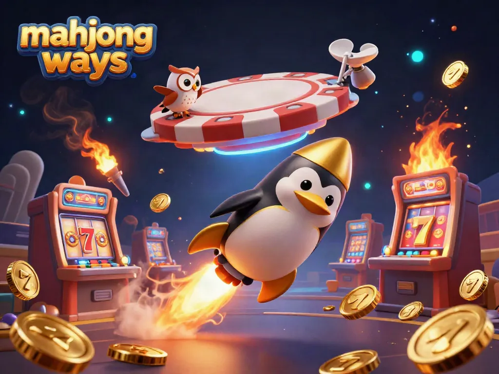 Experience the vibrant action of mahjong ways in this exciting 3D casino illustration featuring golden coins and a dynamic penguin.