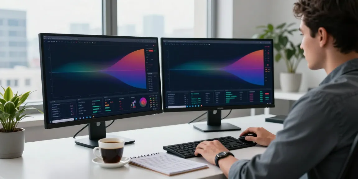 A trader using MetaTrader 5 at a modern desk with advanced charts and analytics.