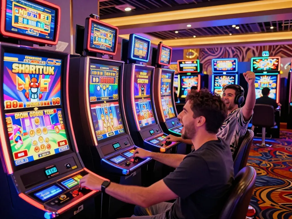 Players celebrating big wins at O8 casino's colorful slot machine area, enhancing the gambling experience.