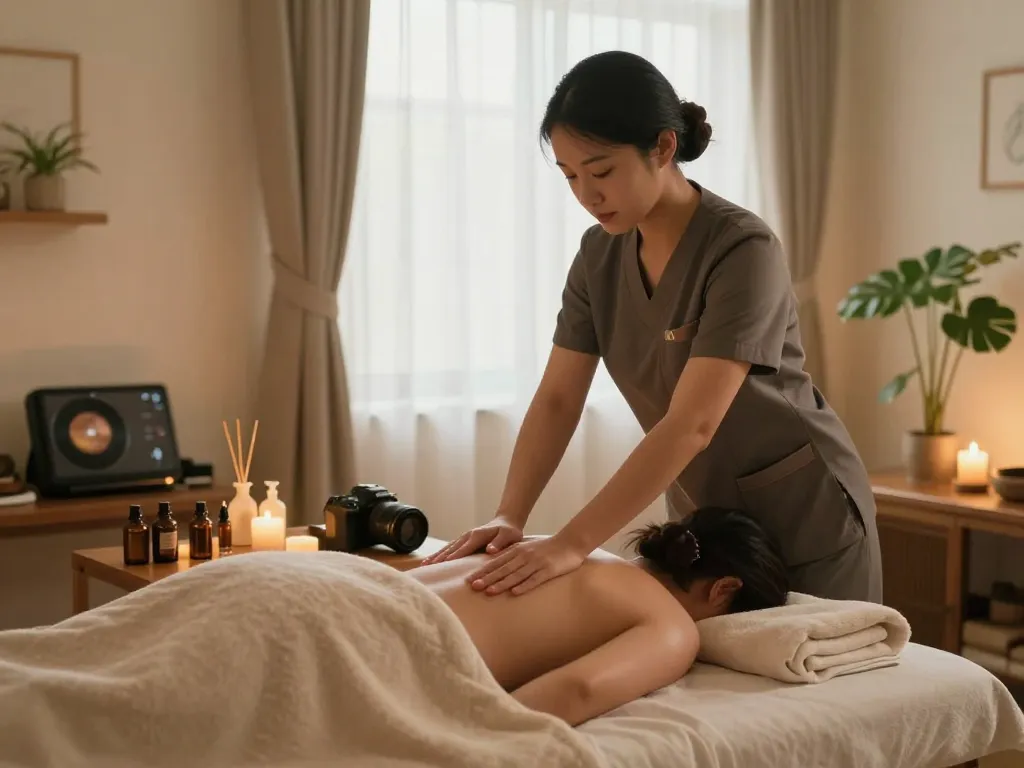 출장안마 session with a skilled therapist in a calm home spa, highlighting relaxation and tranquility.