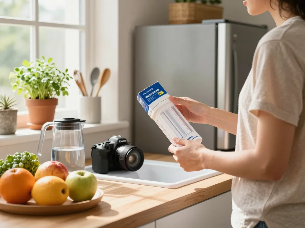 Replacing the Waterdrop 4396701 Replacement for Whirlpool® EDR6D1 in a bright kitchen, emphasizing fresh ingredients and homey atmosphere.