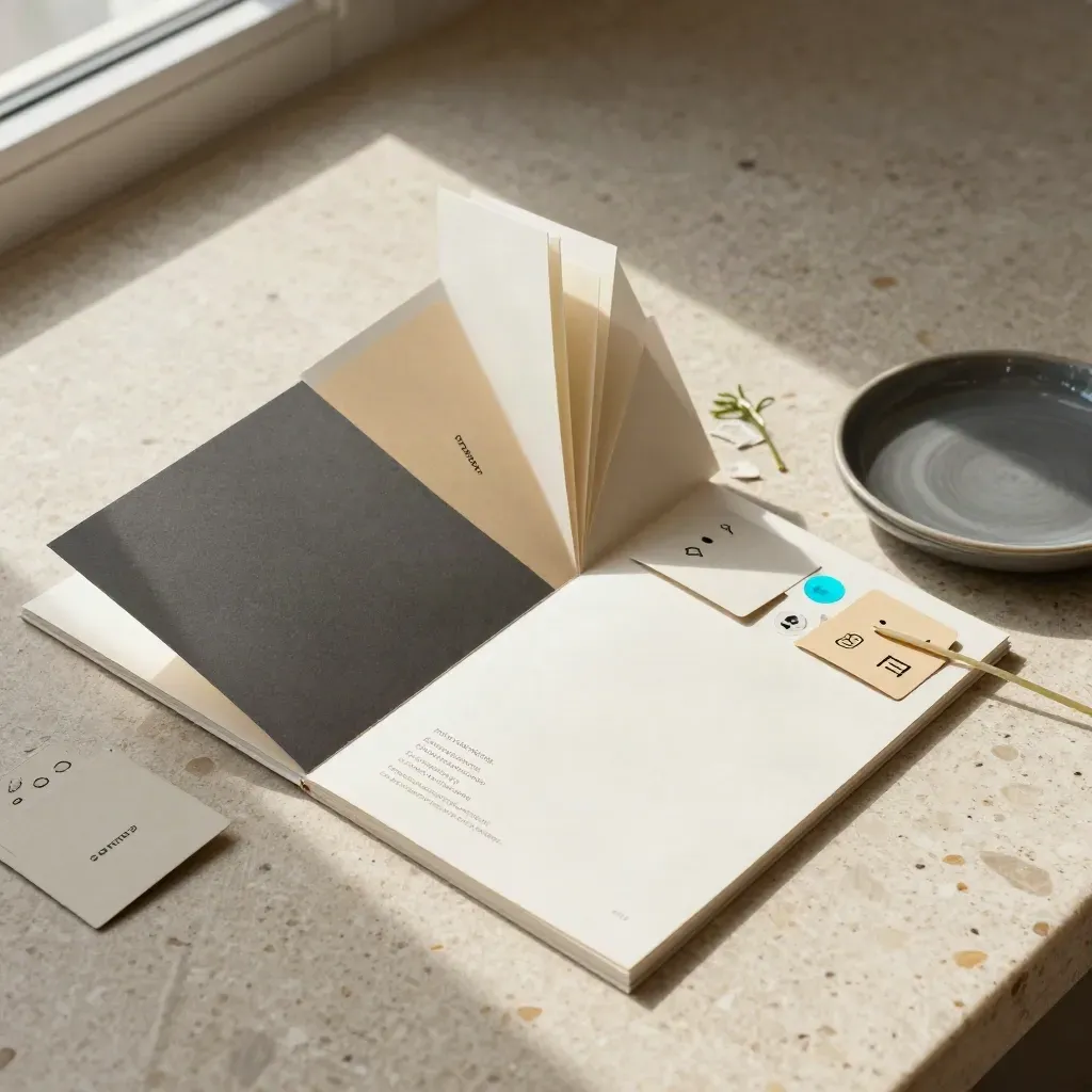 Top-down brand kit flat lay with guide, color chips, icon cards, dish, and plant stem on travertine.