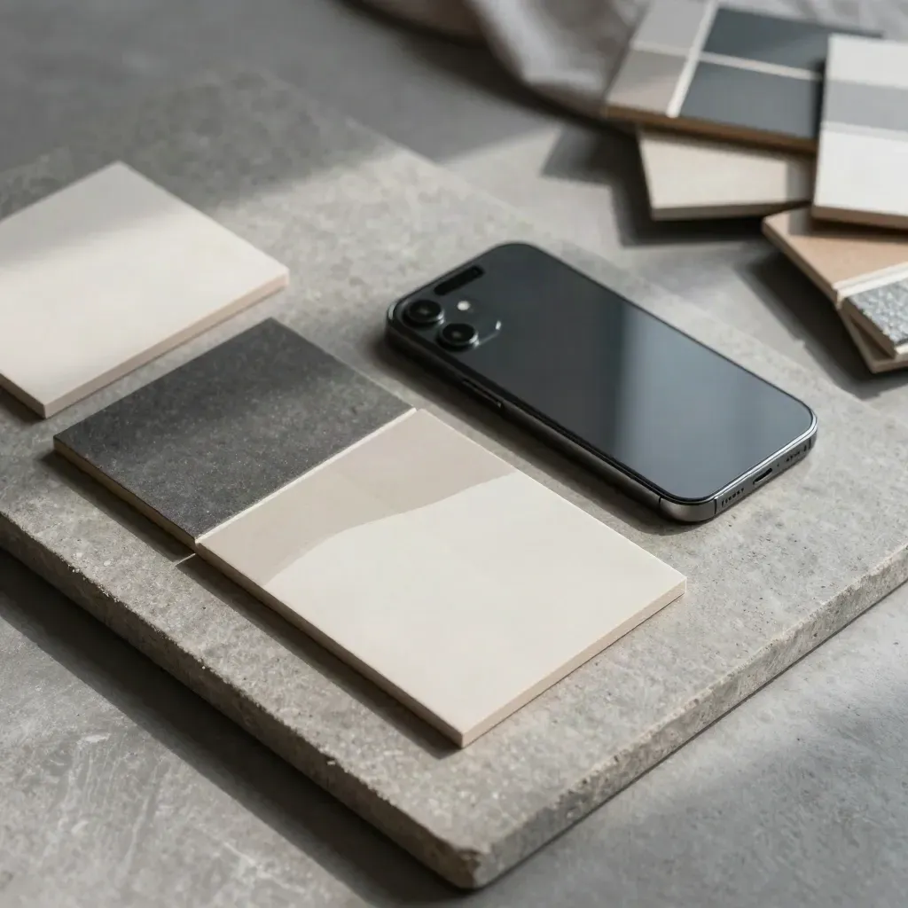 Flat lay of social post mockups, phone and color chips on stone, one tile slipping