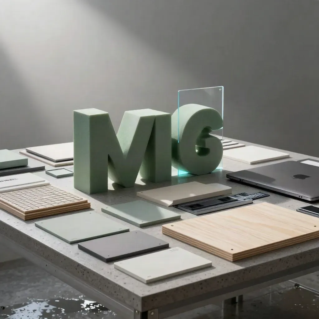 Foam-core logo maquettes, wireframe boards, tiles, motion strips, and a laptop on a misty plinth.