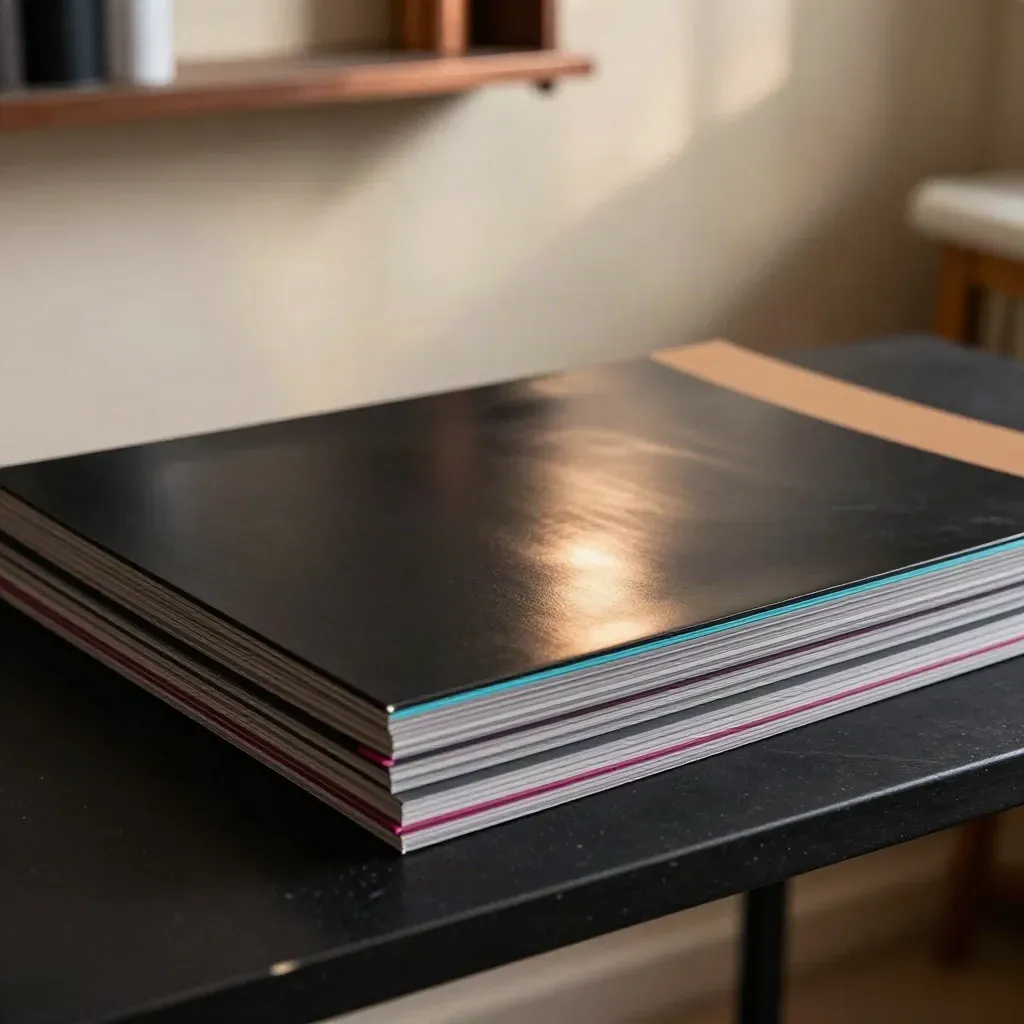 Dark page mockups with cyan and magenta accents on a charcoal board under a hard light bloom.