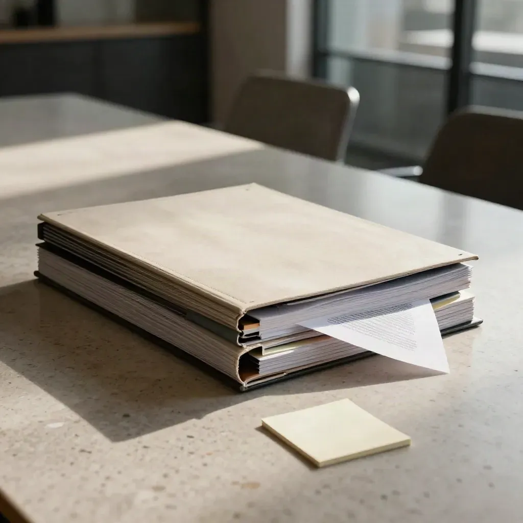 Stacked presentation deck boards on a travertine conference table as a draft sheet lifts in airflow.