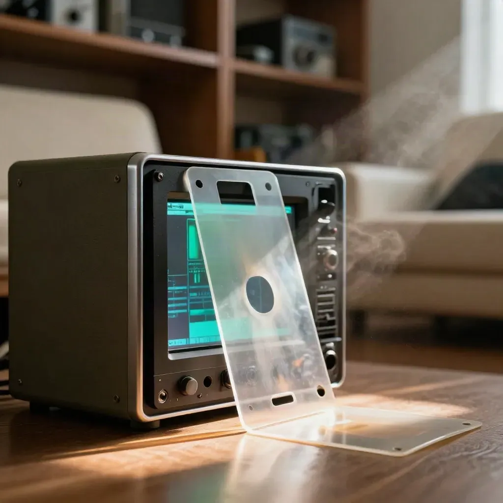 Cyan acetate title bars sweep past a preview screen and speaker cabinet in a cozy edit room.