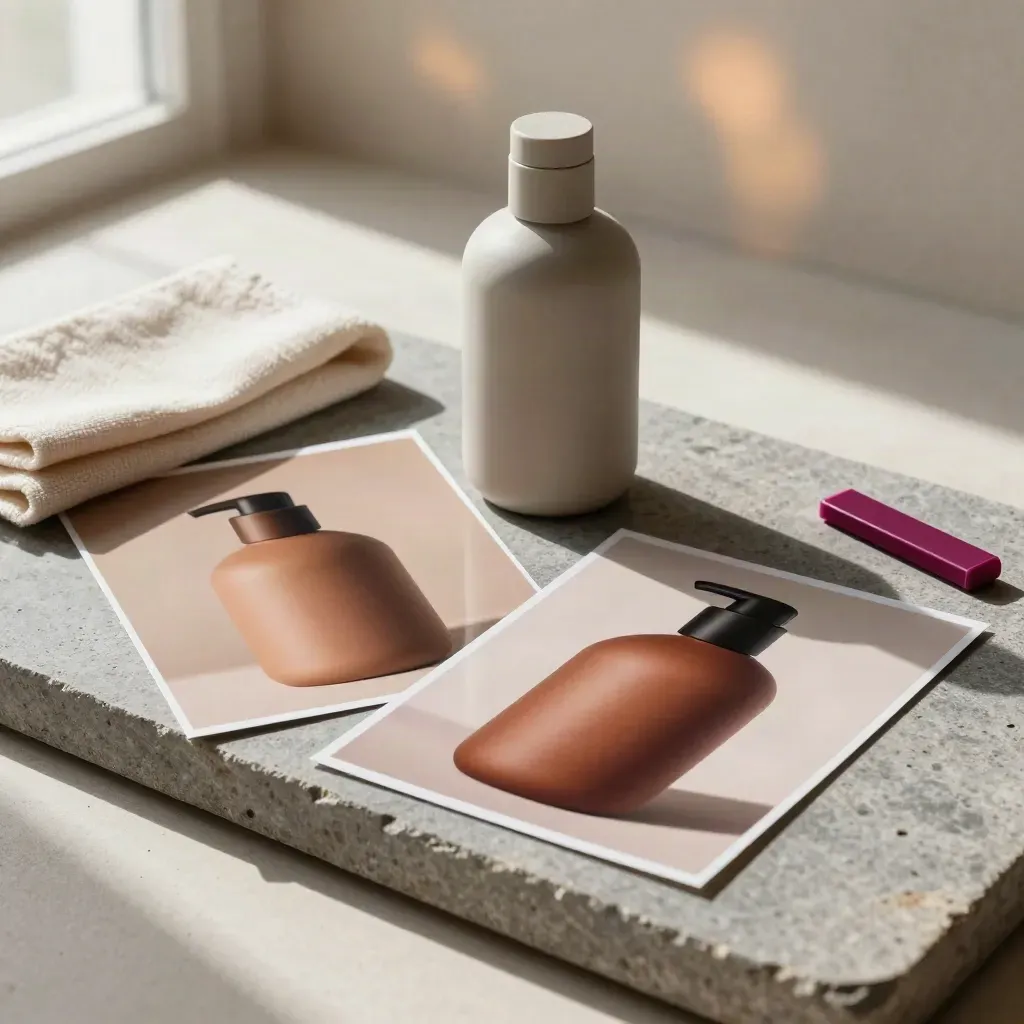 Sunlit product retouch scene with bottle, proof sheets, cloth, and a magenta edit tab on gray stone.