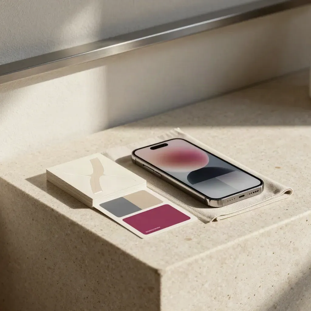Startup brand kit spread with cards, color chips, and a phone mockup on travertine