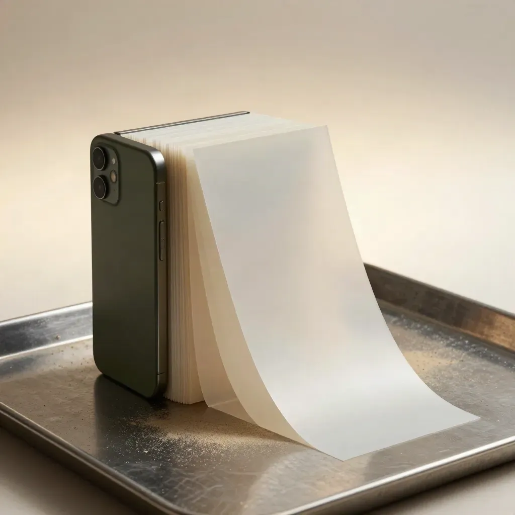 Charcoal phone and layered story frames sliding in a narrow light-box setup