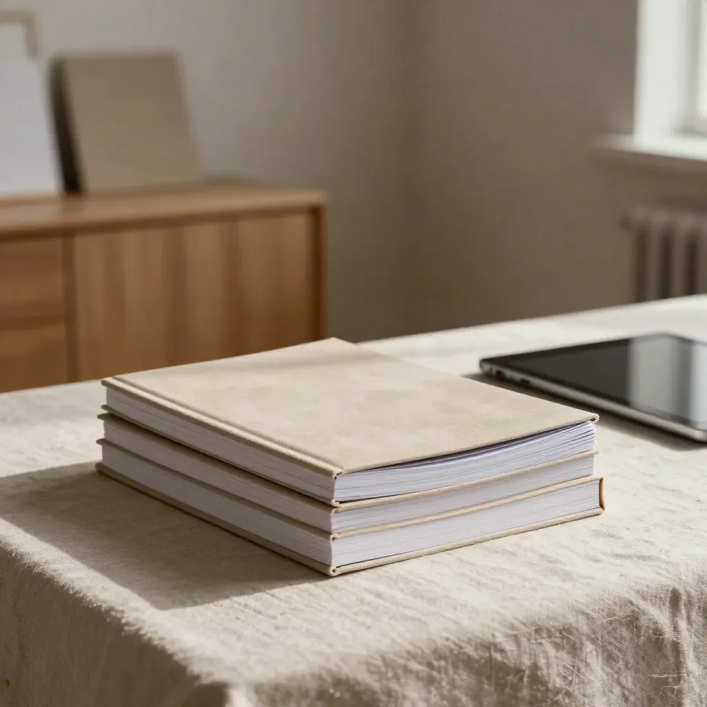 Revised pitch deck, notebook, and tablet on a linen table in warm daylight