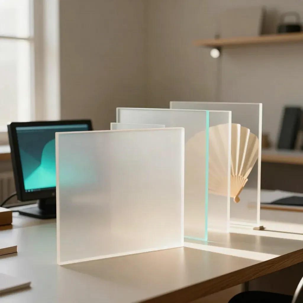 Frosted motion title panels beside a glowing preview screen on a sunlit studio bench.