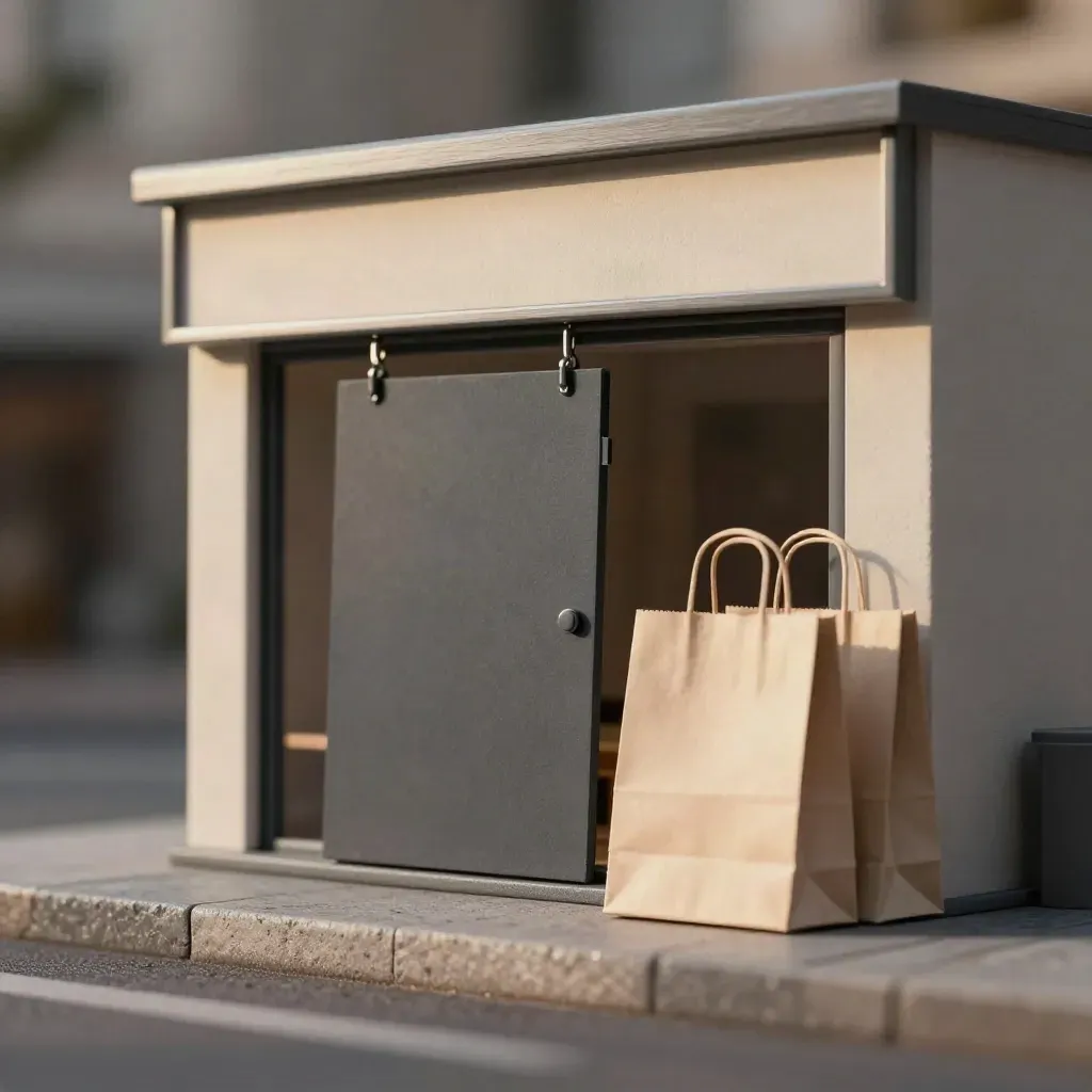 Mini storefront rebrand panel ajar beside neutral bag mockups in dusk light.