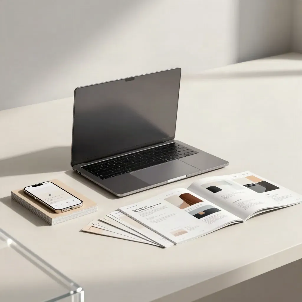 Creator landing-page kit with laptop, phone mockup, and stacked cards in soft daylight.