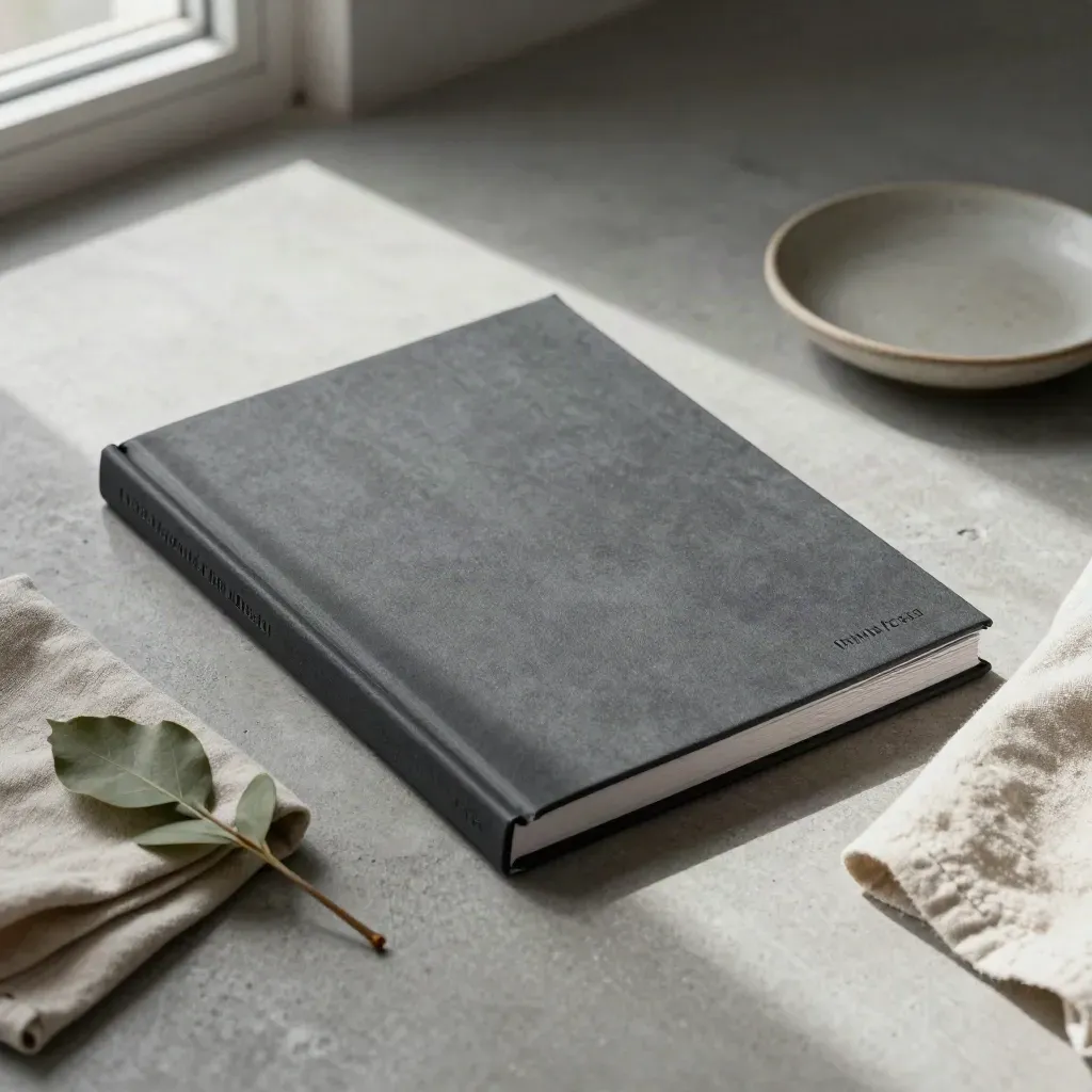 Half-open brand guide, linen, stem, and ceramic dish on concrete in soft window light