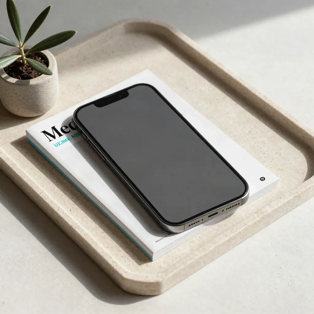 Top-down stone tray with phone mockup card, cropped layout cards, and tiny plant under soft light.