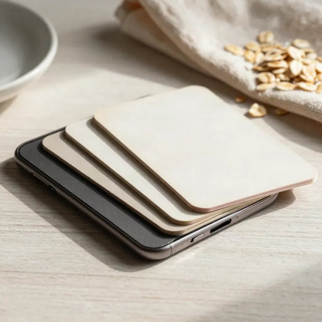 Fanned social cards, phone silhouette, and folded cloth on pale wood