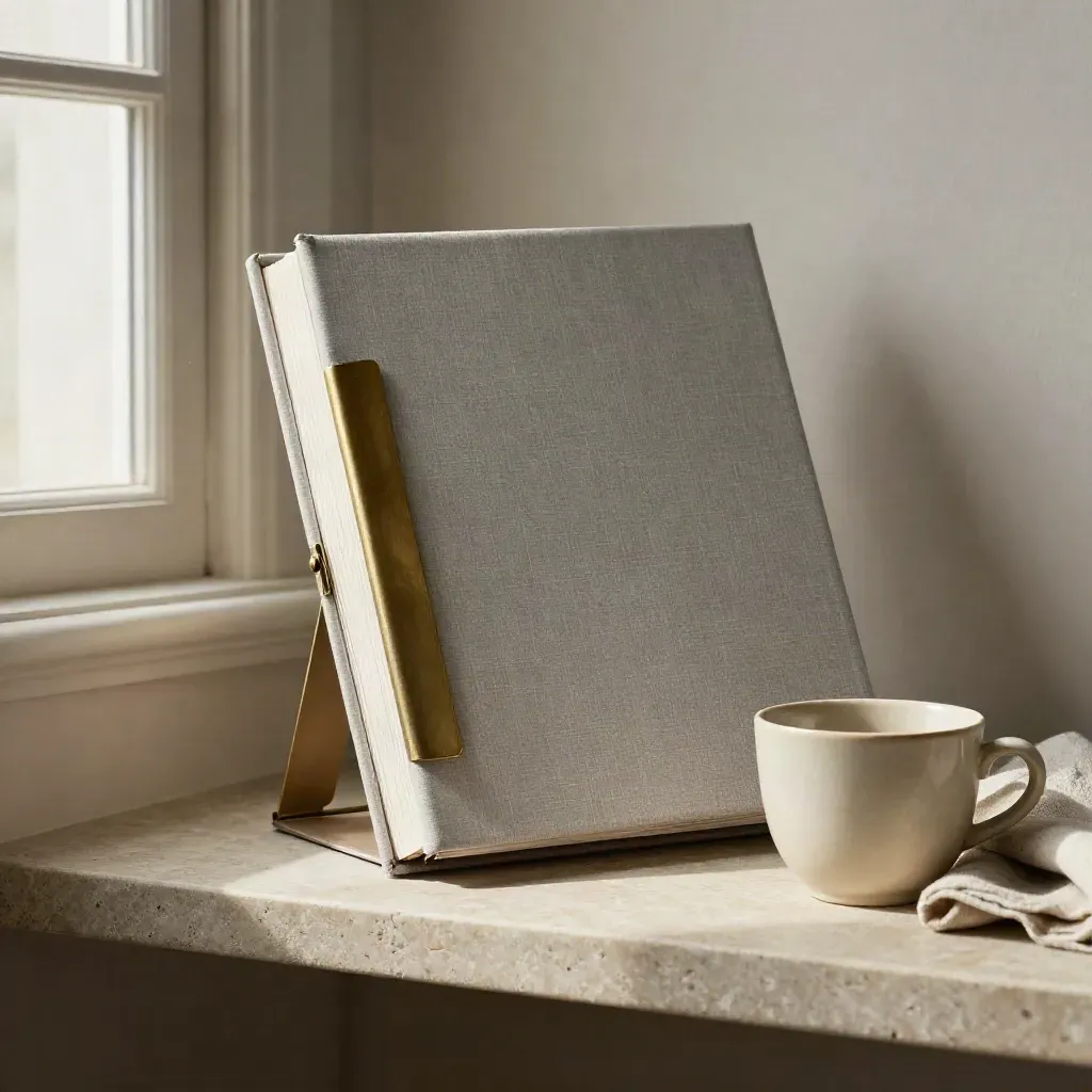 Presentation binder, brass clip, and ceramic cup on a stone shelf in soft side light.