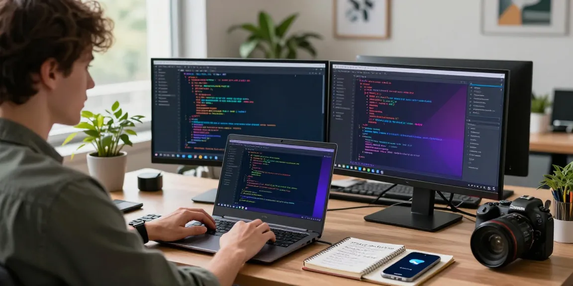 Young professional engaging with 纸飞机中文版 on dual screens in a modern tech workspace.