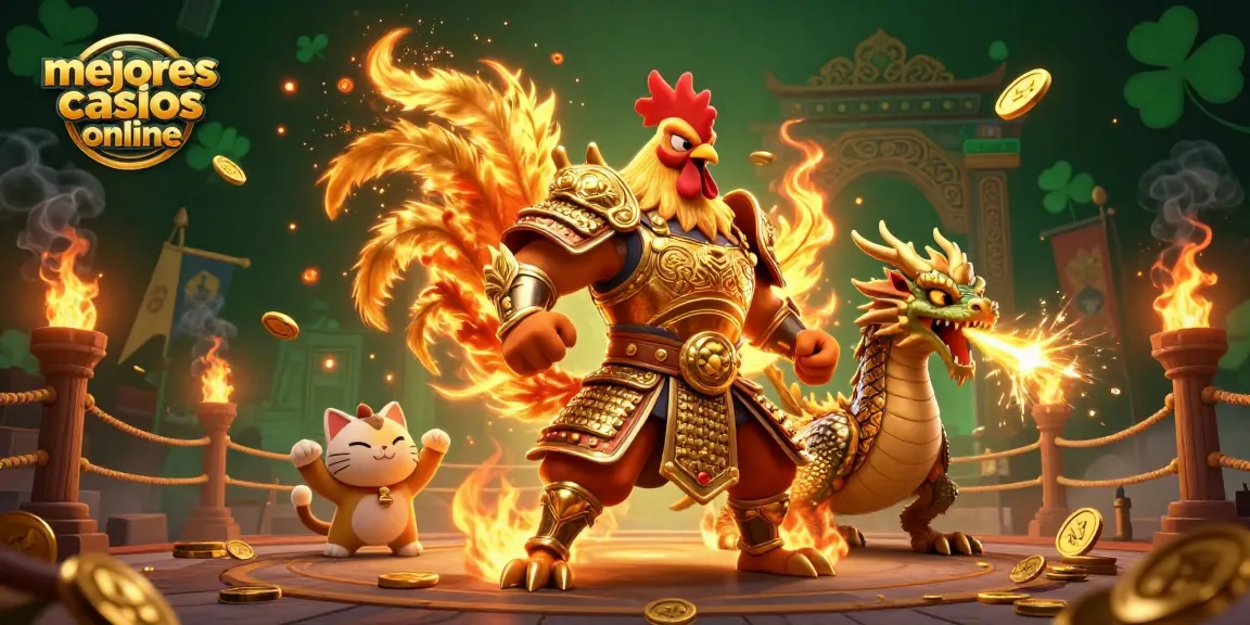 Mejores casinos online: ilustración 3D de un gallo guerrero y un dragón, rodeados de elementos del casino.