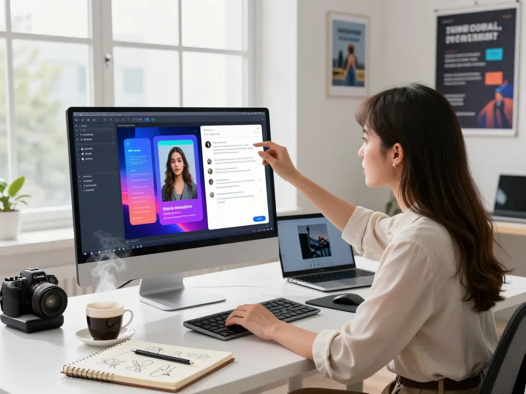 Engaged user interacting with the image to prompt generator tool showcasing vibrant AI-generated prompts.