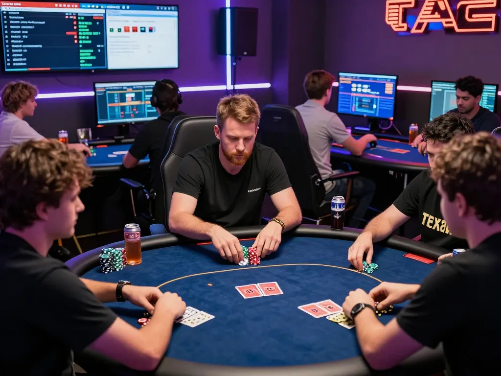 Players engaged in an intense online poker game, showcasing Texas Hold'em action, vibrant atmosphere.