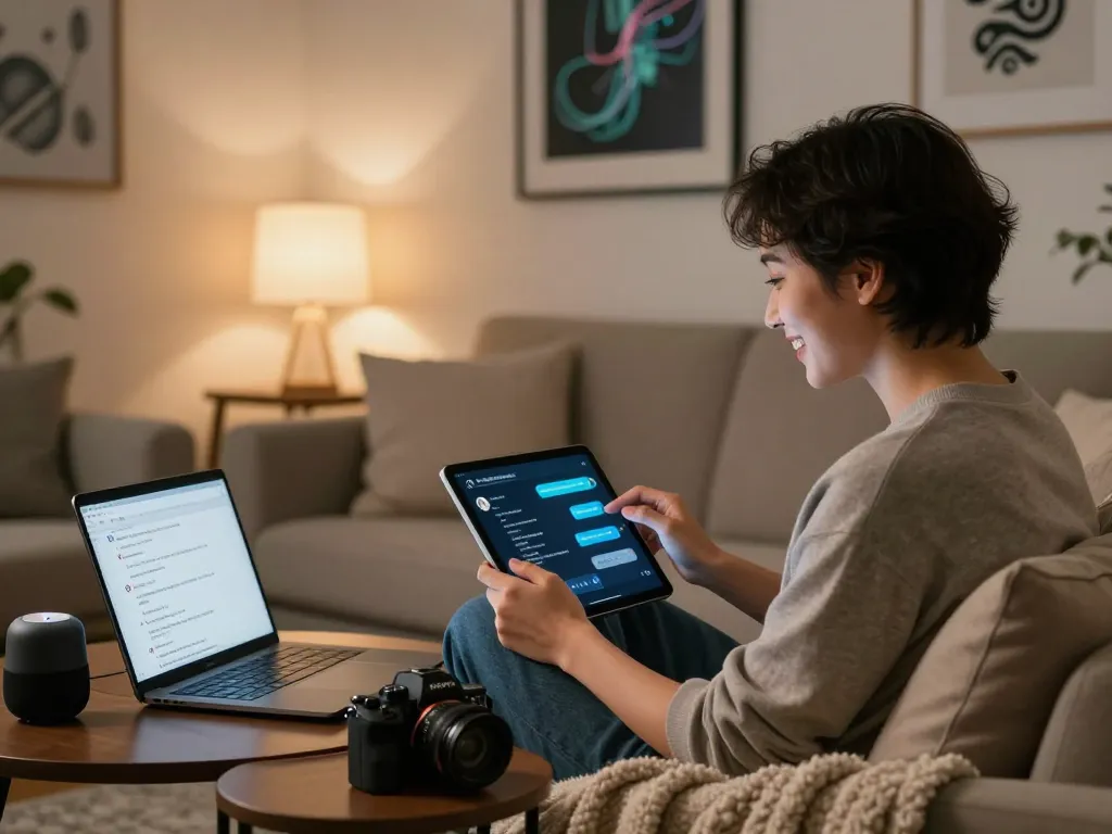 Engaging with ai sex chat on a sleek tablet in a cozy living room, capturing the essence of modern AI companionship.