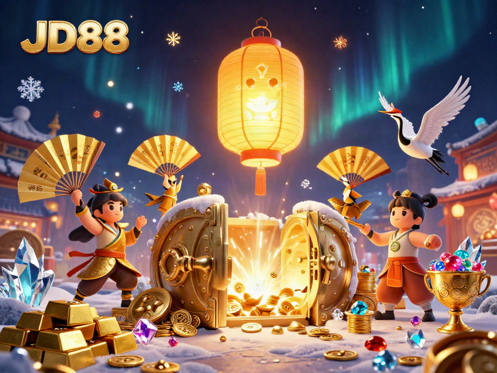 Engage in the enchanting world of JD88 where golden characters and treasures abound in a vibrant casino setting.