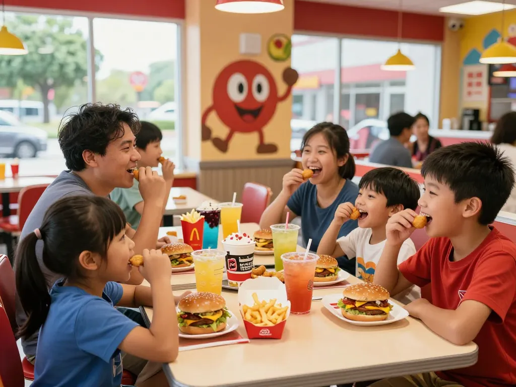 Fast food menu items enjoyed by a family in an inviting restaurant setting, showcasing burgers and fries.