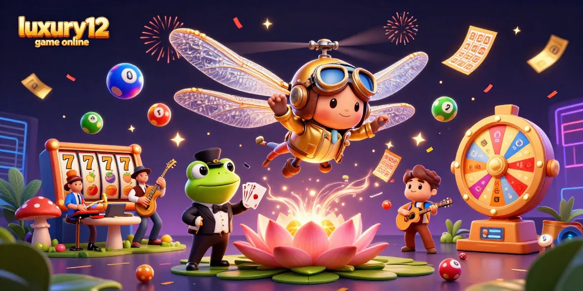 Play the luxury12 game online amid a vibrant casino scene with colorful lottery balls and slot motifs.