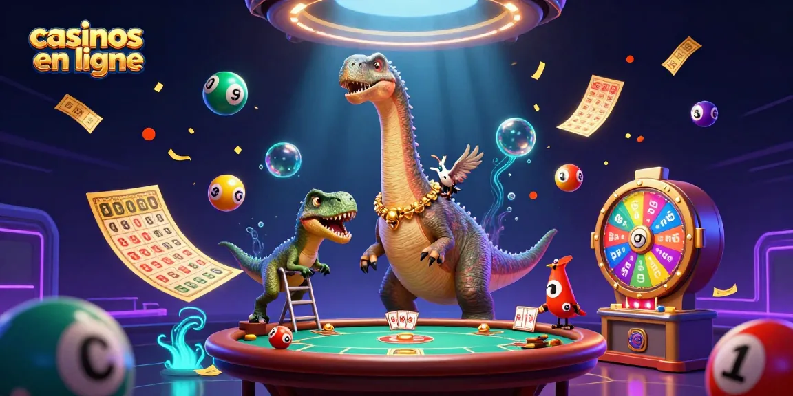 Découvrez les casinos en ligne avec un brontosaurus et un croupier raptor dans une illustration ludique.