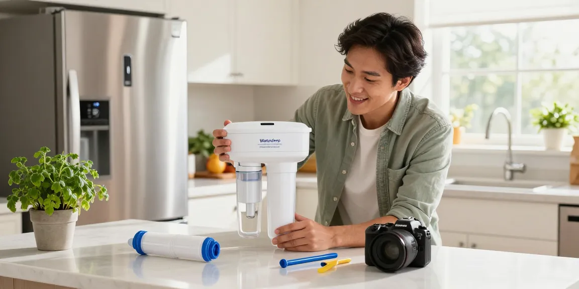 Installing the Waterdrop ADQ73613401 Replacement for LG® LT800P® water filter in a bright kitchen.