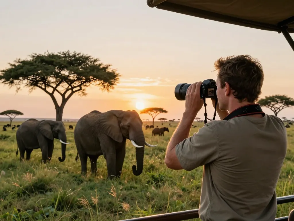 Safari and Kilimanjaro packages adventure, traveler capturing wildlife moments in the Serengeti.