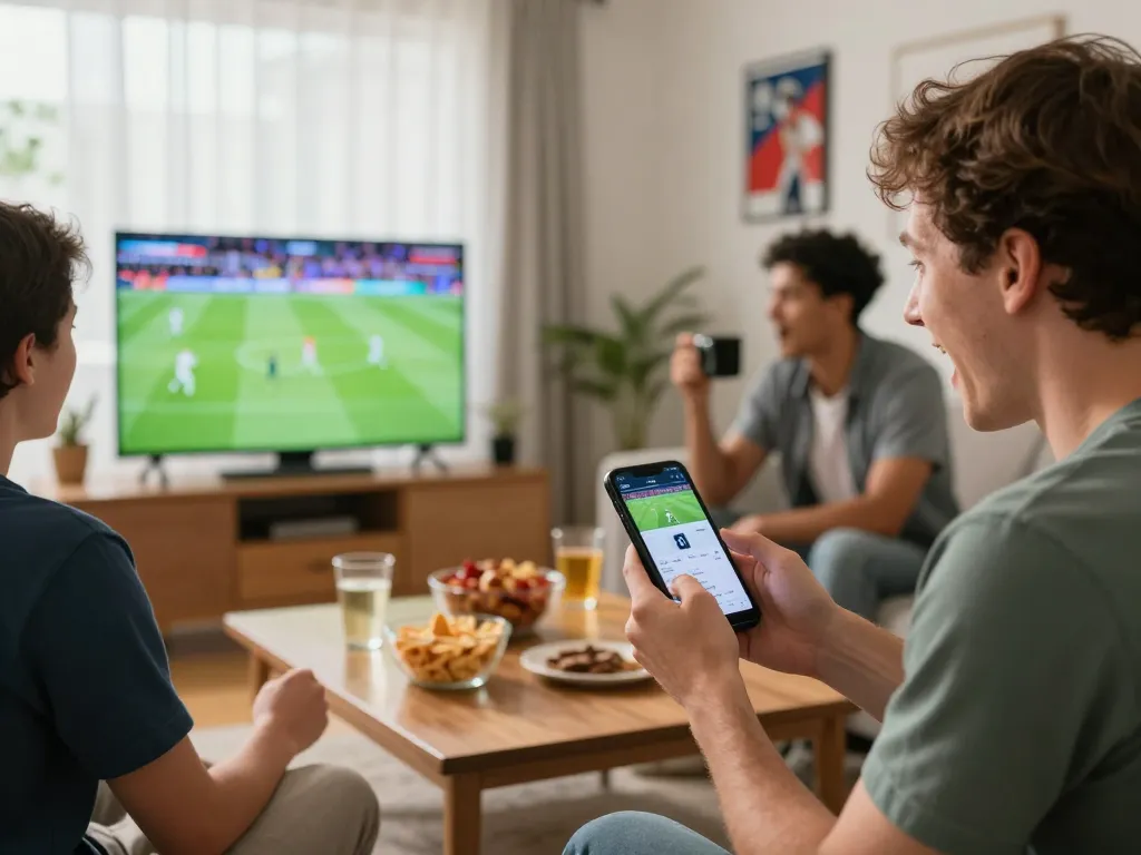 Person engaging in sports betting on smartphone during live football match, highlighting keobongda strategies.
