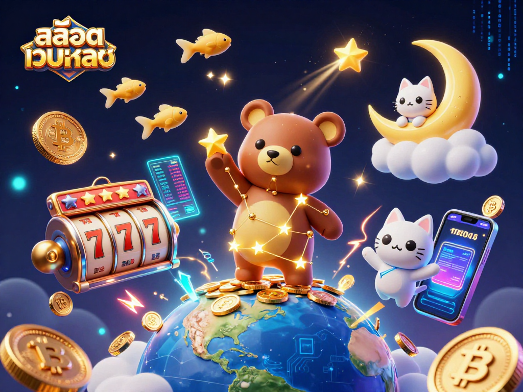 Engage with สล็อตเว็บตรง and its exciting games, illustrated by a celestial bear and magical elements.