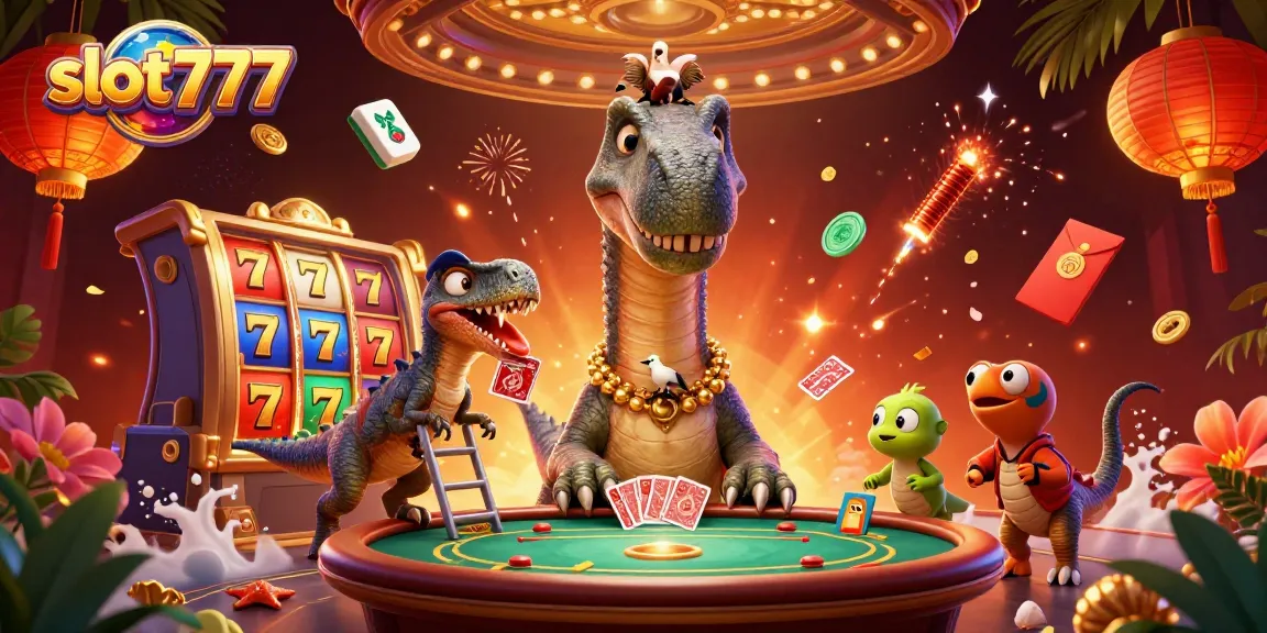 Slot777 menyajikan brontosaurus raksasa di dalam kasino dengan elemen hoki dan keberuntungan.