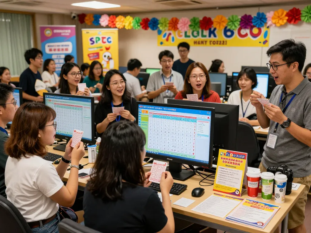 Participants eagerly checking HK Lotto results at a vibrant community lottery event.