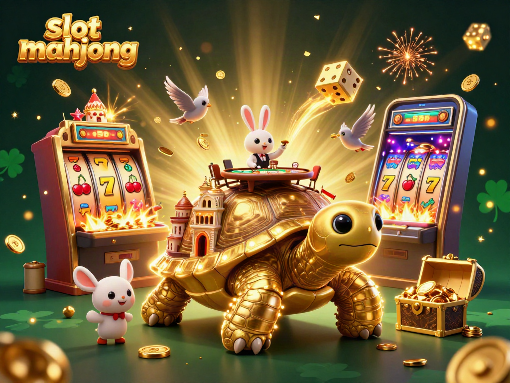 Engage with slot mahjong action amid a vibrant casino scene of winning symbols and characters.