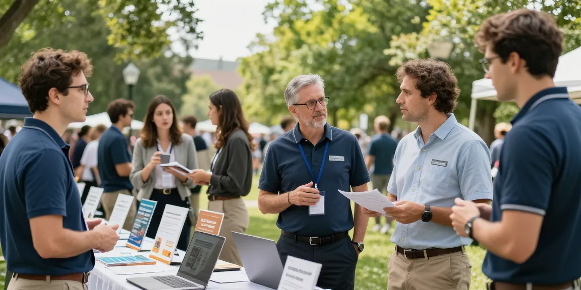 Self-employed professionals networking outdoors, showcasing services and collaboration.