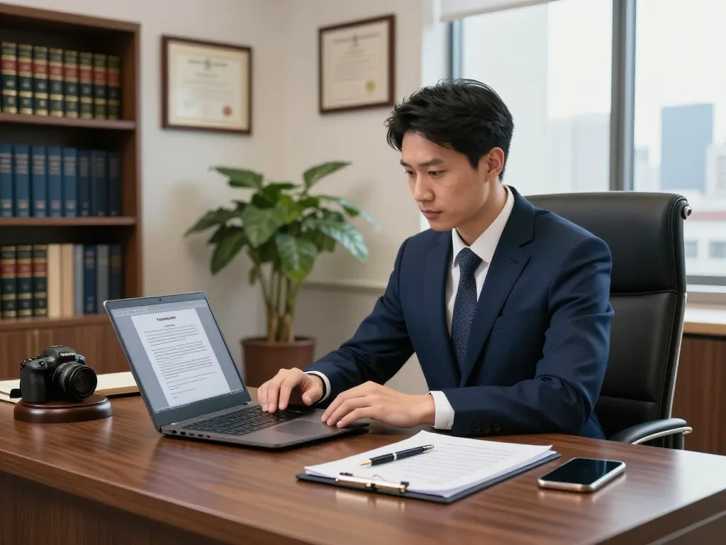 Professional lawyer at desk reviewing case documents, USA lawyers in a modern law office environment.
