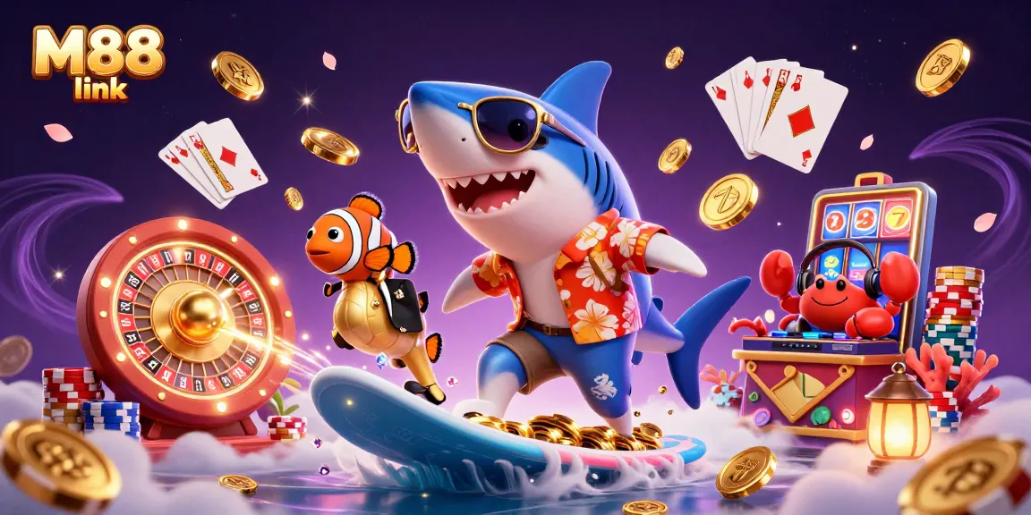 Enhance gameplay with M88 link showcasing a vibrant 3D casino scene filled with golden coins and lively characters.