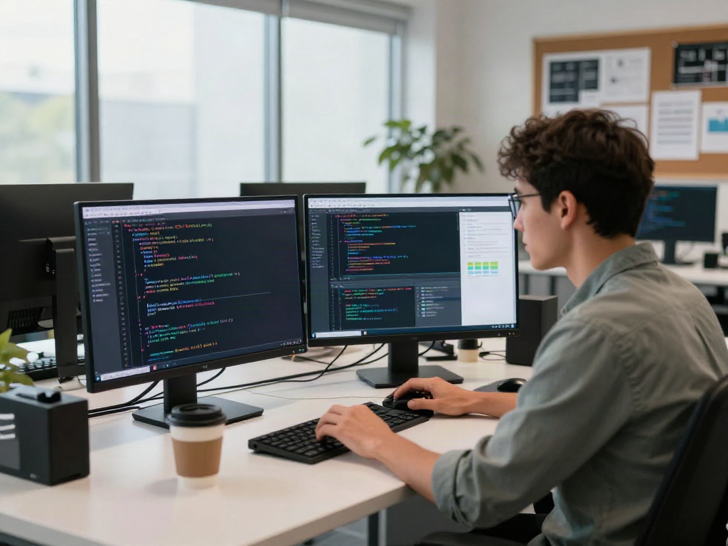 Developer using v2rayN VPN in a modern tech workspace, showcasing code on dual monitors.