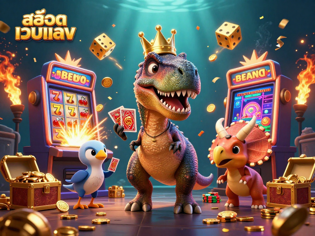 Engage with สล็อตเว็บตรง in a vibrant 3D scene featuring a T-Rex shuffling cards and thrilling casino elements.