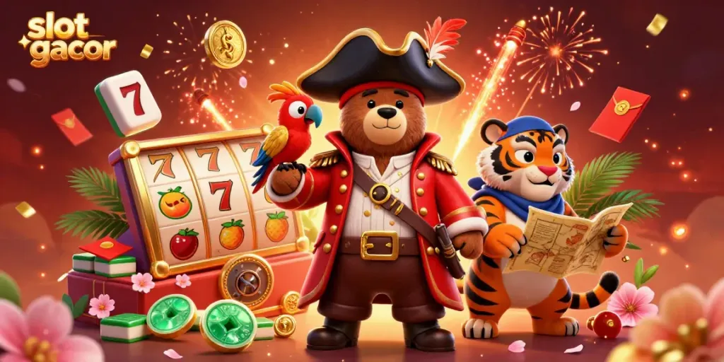 Permainan slot gacor yang penuh warna dengan karakter kartun beruang kapten bajak laut.